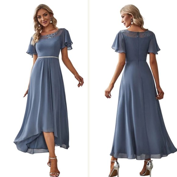 NWT Ever Pretty Hi Lo Chiffon Midi Dress sz L Illusion Lace Top Rhinestone Blue - Picture 2 of 11